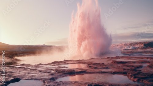 View of the natural landscape with a pink geyser