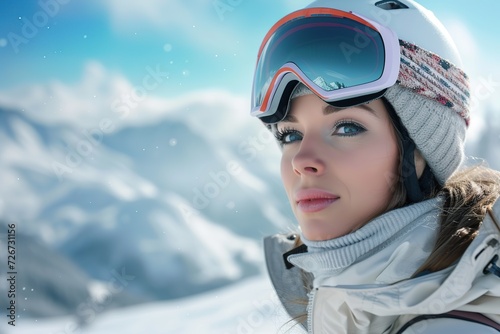 Portrait of woman in ski goggles with the reflection of snowed mountains. Winter sports