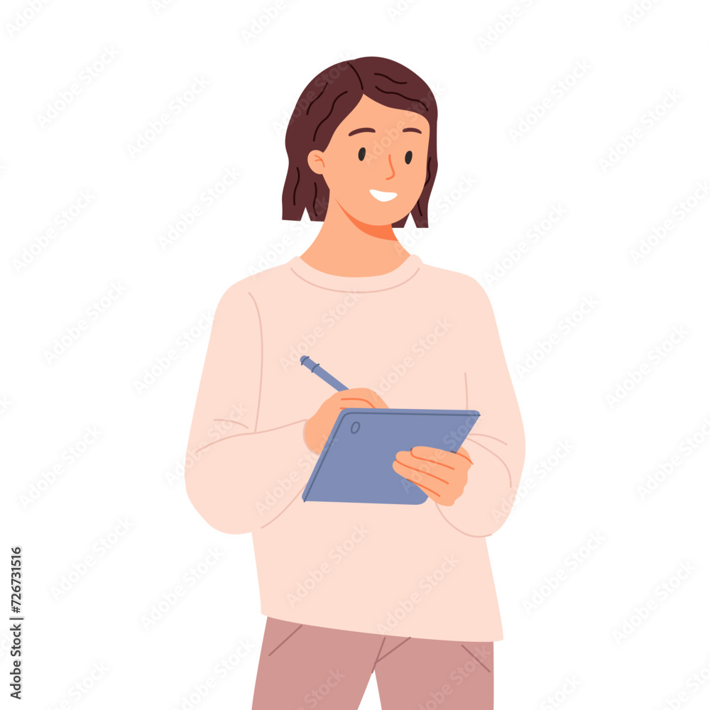 Woman holding tablet PC during online video conference call. Businesswoman, happy business girl greeting smb.