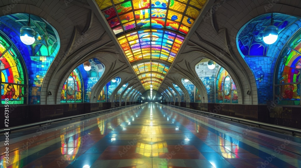 Interior of the metro station with bright stained glass windows