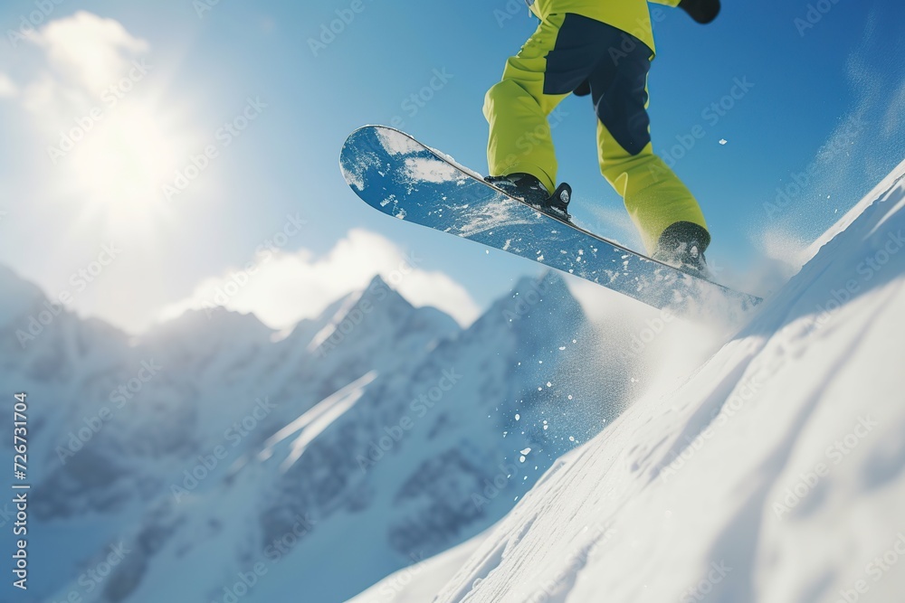 Snowboarder makes jump on ski slope on winter vacation