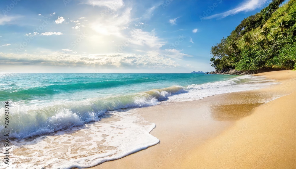 Beautiful tropical wave of summer sea surf. Soft turquoise blue ocean wave on the golden sandy beach.