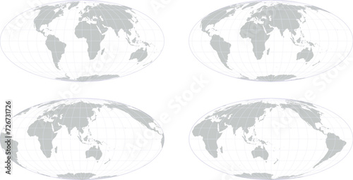 4 Simplified world maps each 55 degree apart in a Mollweide projection