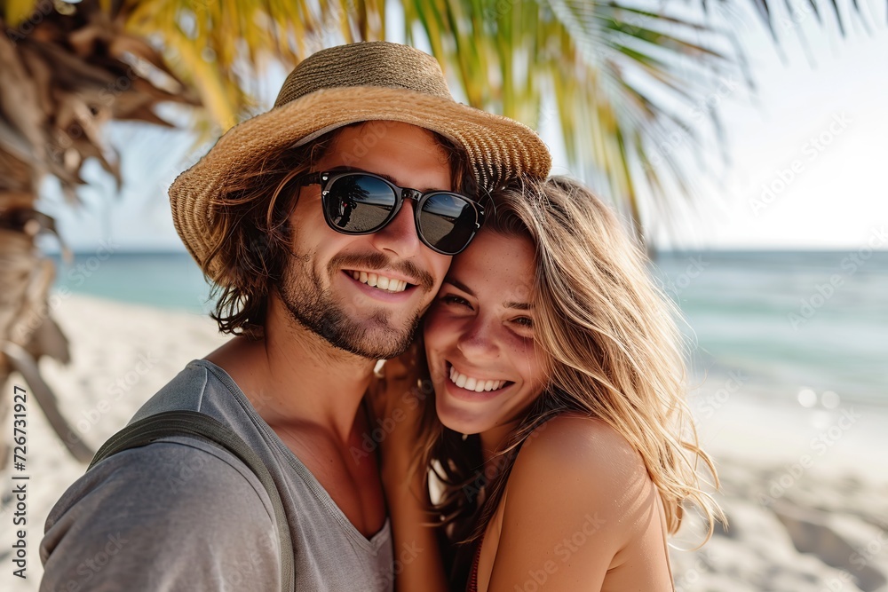 Young couple on the beach under palm trees. Summer time Young couple on the beach under palm trees. Summer time