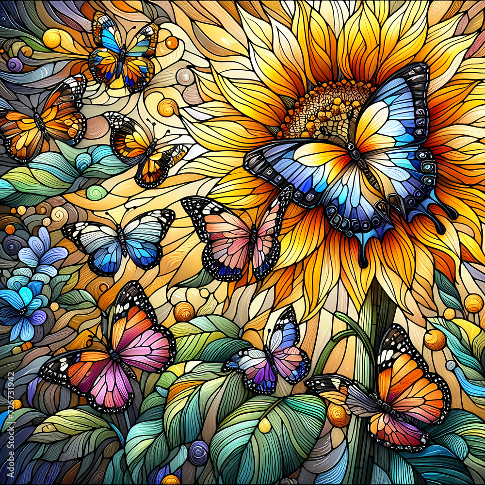 Illustration in stained glass style with summer bright butterflies and sunflowers