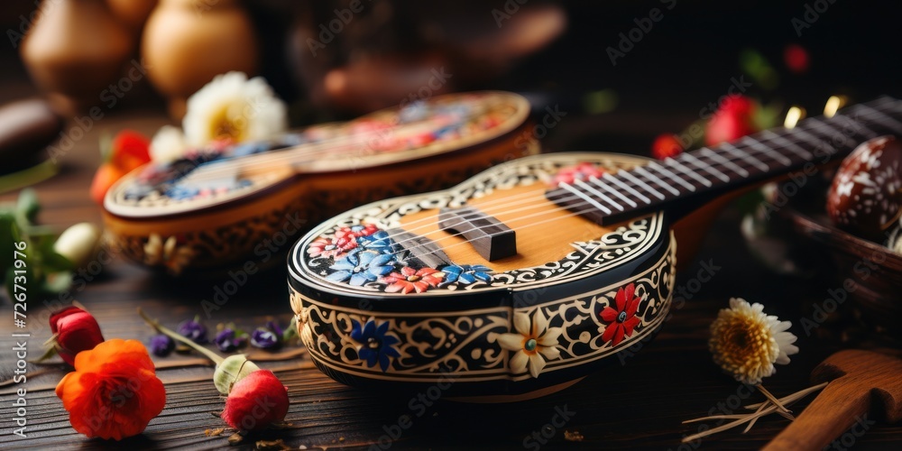 Elegantly crafted string instruments adorned with floral inlays against a wooden backdrop