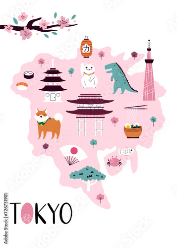 Vector stylized illustrated city map of Tokyo with famous landmarks, places and symbols