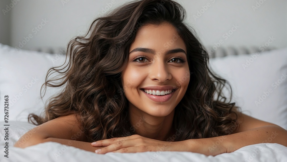 Close-up of a young, attractive Indian woman smiling in bed, showcasing her wavy brown hair, bright eyes, and white teeth. Close-up of a young, attractive Indian woman smiling in bed, showcasing her wavy brown hair, bright eyes, and white teeth.