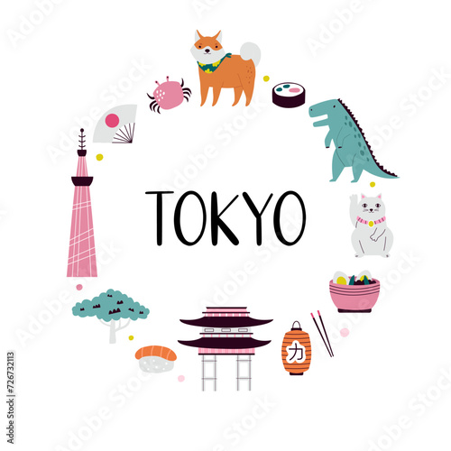 Colorful image, frame art, design with buildings, landmarks, symbols of Tokyo, Japan photo