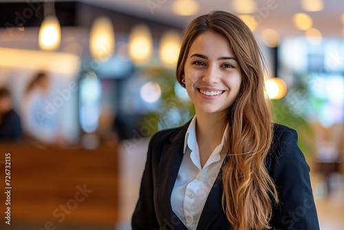 Young woman receptionists standing in hotel lobby near the counter photo