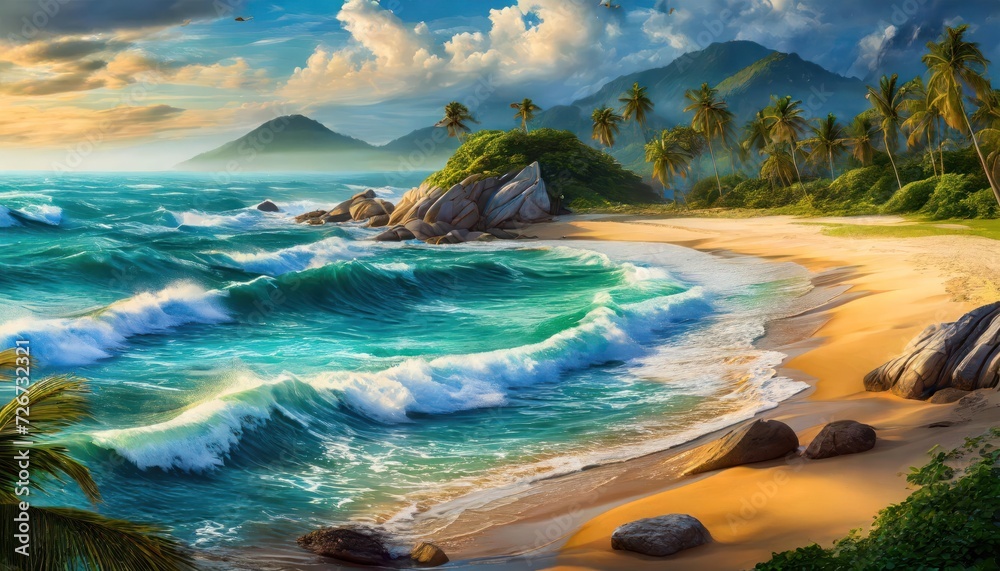 Beautiful tropical wave of summer sea surf. Soft turquoise blue ocean wave on the golden sandy beach. - obrazy, fototapety, plakaty 