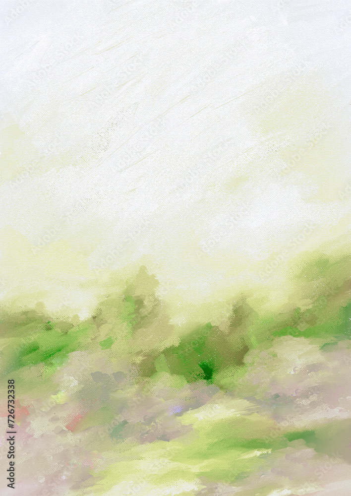 Fototapeta premium Impressionistic Digital Painting of a Lovely Spring or Summer Day By A River, Creek or Brook Near a Tree filled Forest in Soft & Vibrant Greens - Art, Artwork, Digital Painting, Design, Illustration