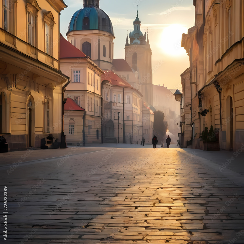 Fototapeta premium A sun-kissed view of a cobblestone street in the historic city center of Prague at dawn