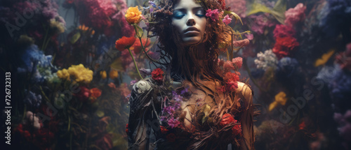 Illustration of a beautiful girl covered with roots and flowers