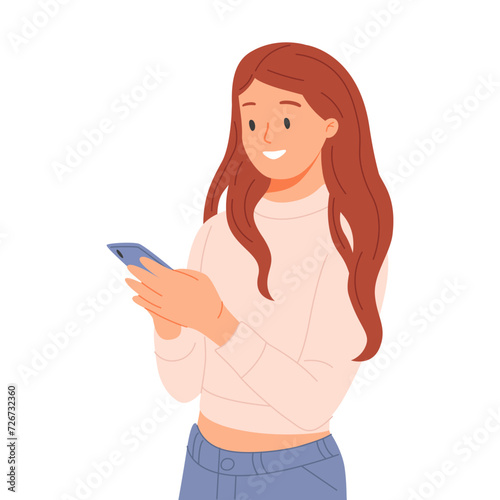 Cute young woman uses a smartphone. The girl is holding a gadget. Pastime in social networks. Internet addiction.