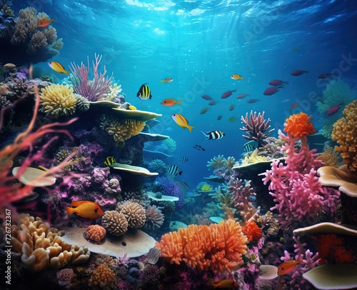 Bright fish swim around beautiful corals under the sea. Colorful sea panorama of underwater wildlife landscape, wallpaper illustration Generative AI © Iaroslav Lazunov