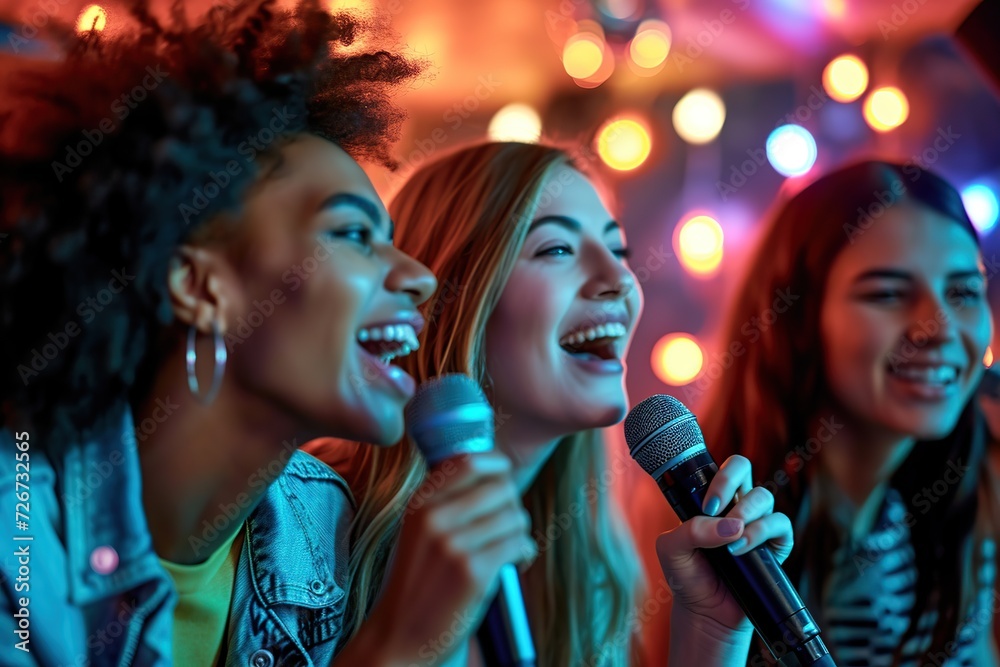 Happy friends singing karaoke and having fun in nightclub Happy friends singing karaoke and having fun in nightclub