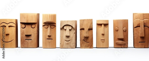 Rough hewn wooden heads in style of Easter Island statues, abstract wooden masks souvenir close up isolated on white background, art illustration Generative AI photo