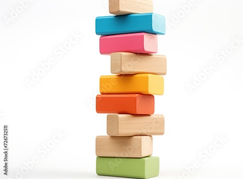 Tower made of colorful wooden blocks on white background, childrens games and education, creative business idea template, illustration Generative AI