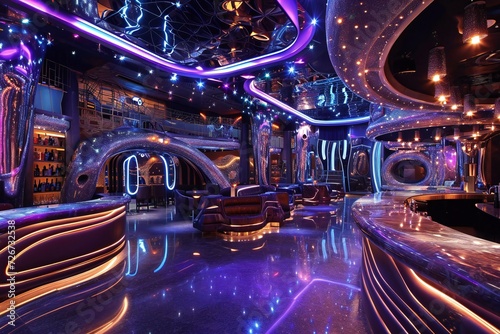 Night club with ultraviolet and purple lights, interior of a empty nightclub