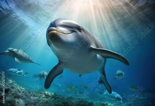 Dolphin close up and many wild dolphins swimming underwater in blue sea, beautiful seascape with sunlight underwater, wallpaper illustration Generative AI