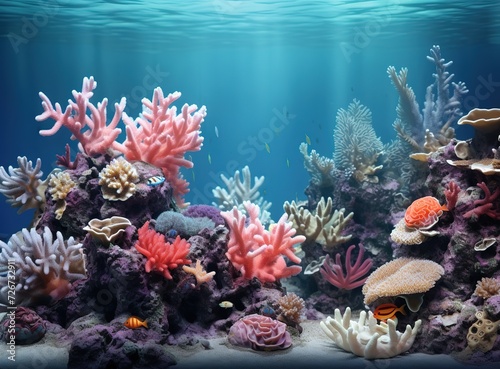 Colorful beautiful corals and small exotic fish, underwater coral reef panoramic background, marine life ecosystem wallpaper illustration Generative AI © Iaroslav Lazunov