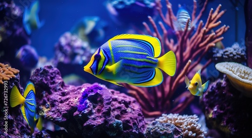 Photo Bright fish swim around beautiful corals under the sea