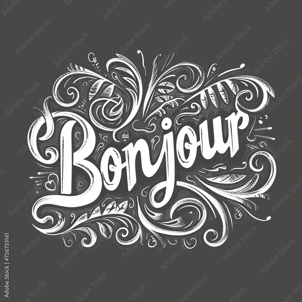 Hand-Drawn 'Bonjour' Text Doodle on Anthracite Background