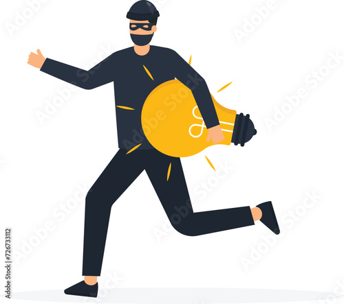 Stealing ideas or plagiarism, Piracy on intellectual property or infringement, Thief man in black running with light bulb ideas steal from other owner concept,
