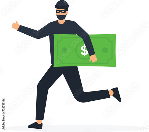 Financial crime and stealing money, investment risk or banking security concept, Man with black mask bandit costume or thief stealing or carrying dollar concept,
