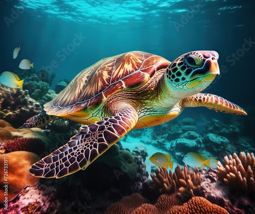 Sea turtle and fishes on colorful coral reef, underwater wildlife landscape. Colorful marine panorama, wallpaper illustration Generative AI