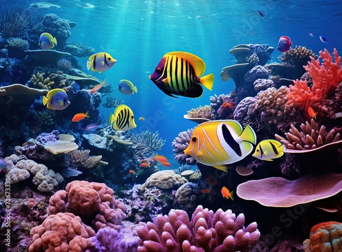 Bright fish swim around beautiful corals under the sea. Colorful sea panorama of underwater wildlife landscape, wallpaper illustration Generative AI