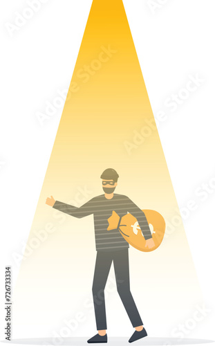 Thief under the spotlight and light suspect for arrest and investigate for detective evidence concept,
