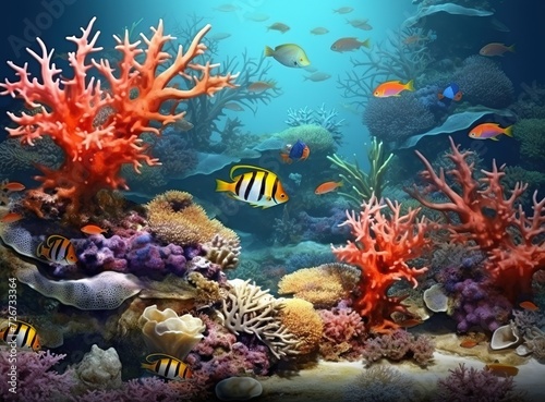 Bright fish swim around beautiful corals under the sea. Colorful sea panorama of underwater wildlife landscape, wallpaper illustration Generative AI © Iaroslav Lazunov