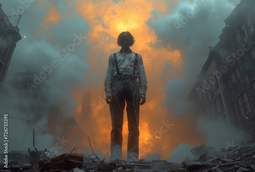 A lone firefighter battles the thick smoke and looming mountain in a sky filled with pollution, as a raging fire engulfs the outdoor scene
