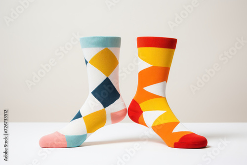 Two different mismatched socks on light background. Day of colorful socks. A day of weird socks versus bullying. Day of unpaired socks, awareness of Down syndrome.