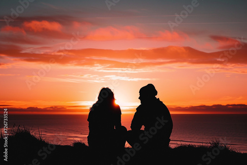 Silhouette man and woman sitting against a dramatic sunset