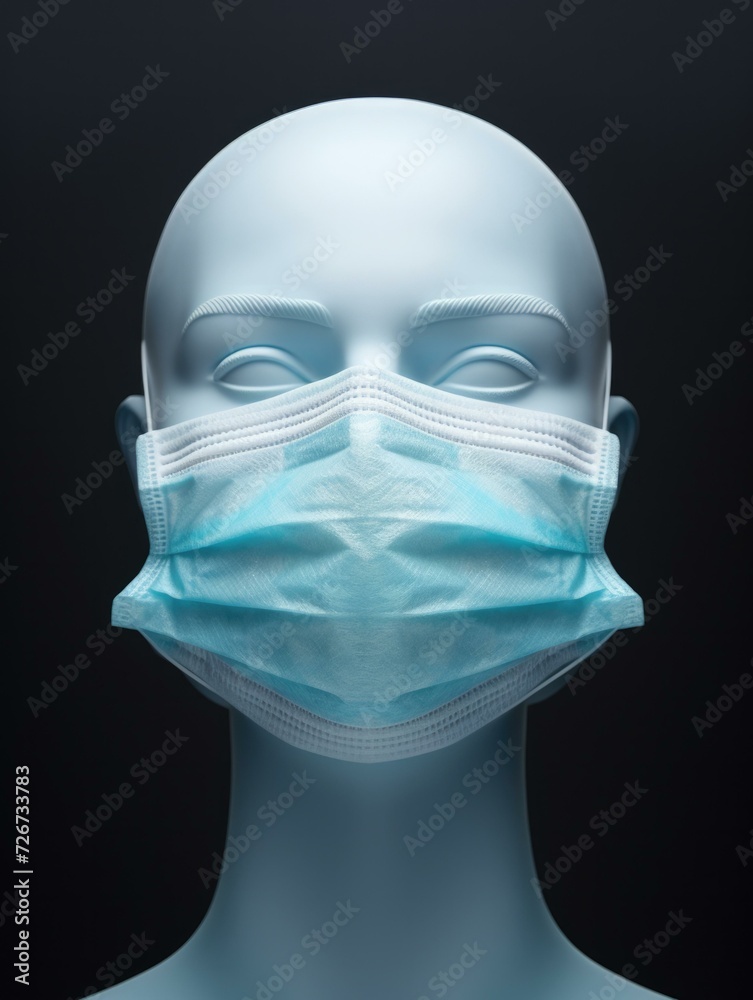 A realistic mannequin wearing a surgical mask. Generative AI. A realistic mannequin wearing a surgical mask. Generative AI.