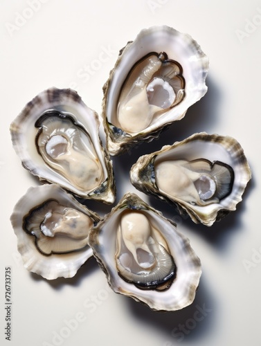 A high-resolution image of fresh oysters on a plain white surface. Generative AI.