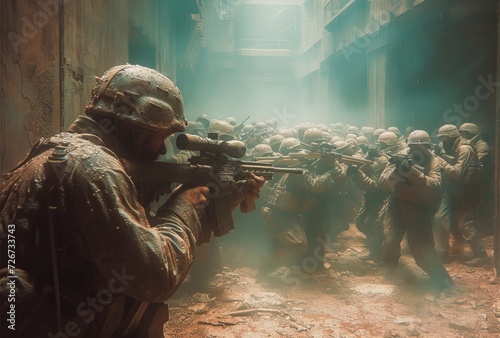 Amidst the darkness of a narrow tunnel, soldiers armed with a variety of weapons engage in a fierce battle, their rifles and machine guns firing as they fight for survival in this intense action-adve