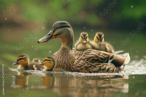 a mother duck with her ducklings. family, motherhood in birds. cubs.