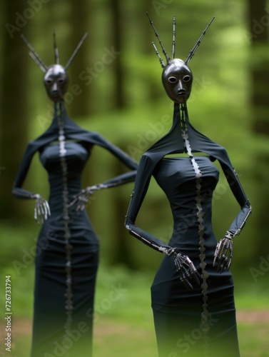 Three models, half woman half insect, clad in black liquid latex, strut through a dark forest. Their gelatinous forms glisten, embodying a bold yet graceful fawncore aesthetic. Generative AI. photo