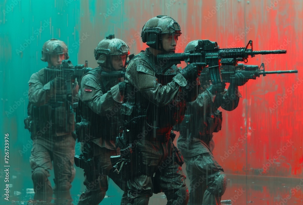 Fototapeta premium A fierce group of soldiers in camouflage and military uniforms, armed with an array of weapons including assault rifles, machine guns, and sniper rifles, stand ready for combat as they aim their guns