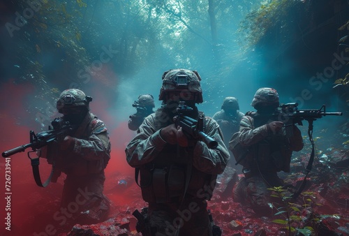 Armed and submerged, a squad of soldiers navigates the treacherous terrain of the forest, their guns and diving gear at the ready