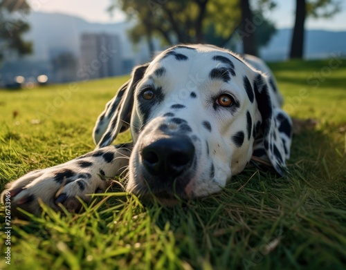 A dalmatian dog laying on the grass. Generative AI.