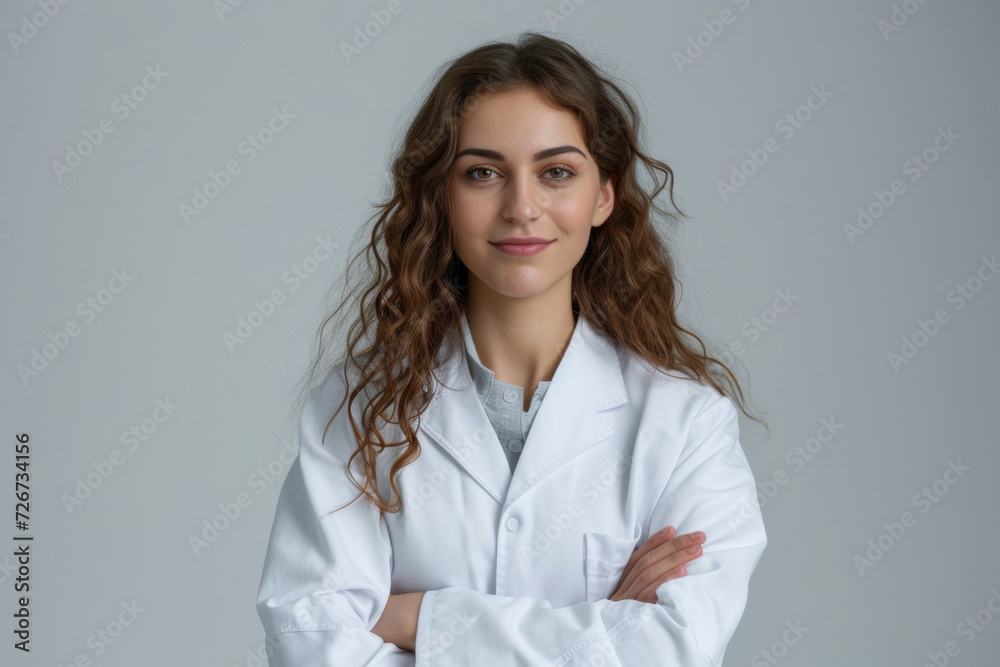 attractive family doc lady patients consultation friendly smiling reliable virology clinic arms crossed wear white lab coat isolated grey color background attractive family doc lady patients consultation friendly smiling reliable virology clinic arms crossed wear white lab coat isolated grey color background