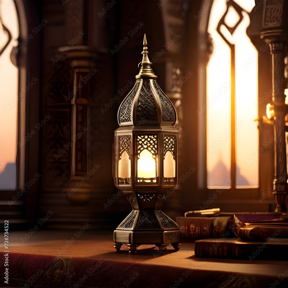 photo of an Islamic lantern lamp with blurred mosque in the background for Eid ul fitr , Eid ul adha and Ramadan Mubarak background, Ramzan Mubarak Poster, Ramadan Kareem banner