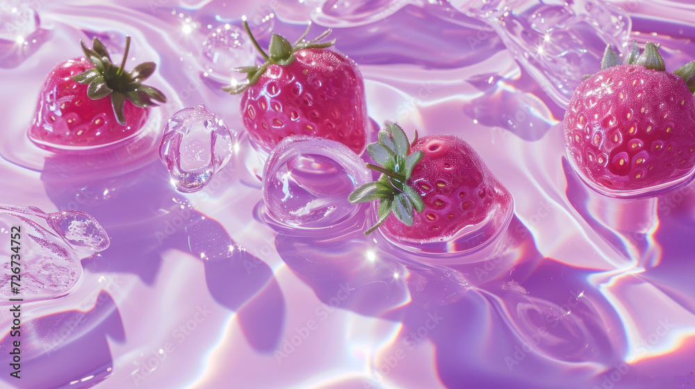 a group of three strawberries sitting on top of a purple liquid filled table with ice cubes on top of it.