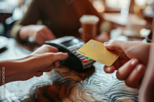nfc contactless payment by credit card and pos terminal. Bartender with a credit card reader machine at bar counter with female holding credit card. Focus on hands.