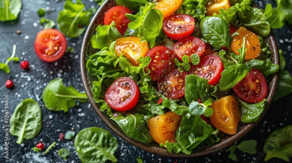  a close up of a bowl of salad with tomatoes and lettuce on a dark surface with sprinkles.